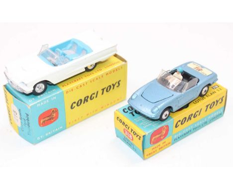 A Corgi Toys boxed saloon group, two examples to include a No. 215 Open Sports Ford Thunderbird finished in white with blue i