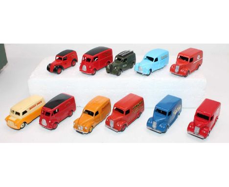 10 various loose repainted Dinky Toy and Recast Advertising vans, to include Omnisport Austin Delivery Van, Beefy Oxo and oth