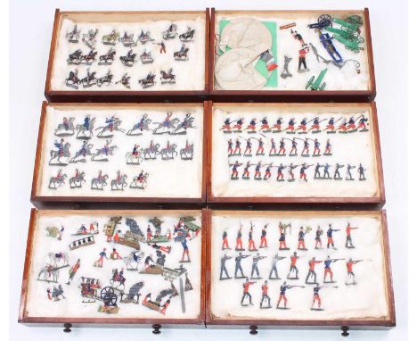 Collection of late 19th century 28mm scale military figures and accessories, similar to Heinrichsen, all housed in a 6 drawer