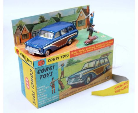 A Corgi Toys No. 440 Ford Consul Cortina gift set comprising Ford Consul Cortina Super Estate car, together with golfer, cadd