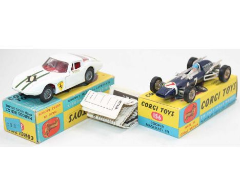 A Corgi Toys boxed racing diecast group, two examples to include a No. 156 Cooper Maserati finished in blue with racing No. 7