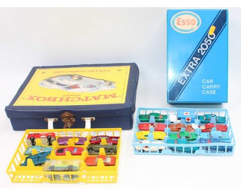 A tray containing a Matchbox empty carry case with 2 empty trays and another 2 trays of various loose play worn models circa 