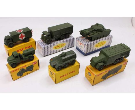 Dinky Toys boxed military group of 6 to include, No. 622 10 Ton Army Truck, No. 626 Military Ambulance, No. 643 Army Water Ta