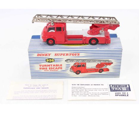 Dinky Toys No. 956 turntable fire escape engine with windows comprising red and silver body with red hubs and chrome ladder, 