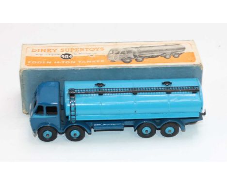 Dinky Toys No. 504 Foden 14 Ton Tanker comprising 1st type dark blue cab and chassis with light blue side flash, light blue t