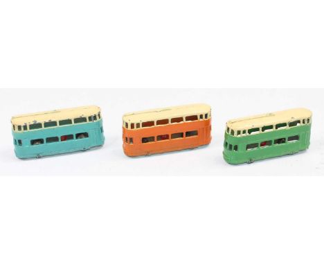 Dinky Toys pre-war No. 27 Tramcar, 3 examples to include, orange and cream, green and cream, and blue and cream - all models 