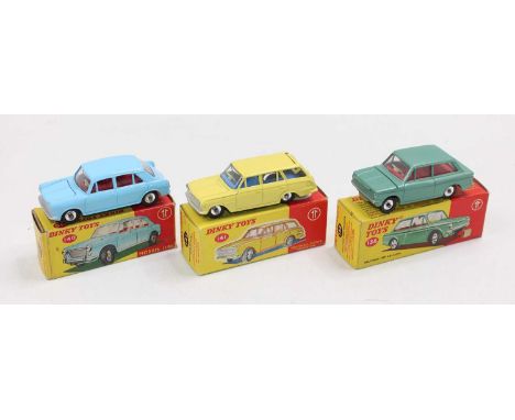 3 Dinky Toys cars to include: No. 138 Hillman Imp saloon in metallic light green with red interior all card box (VNM-BE), No.