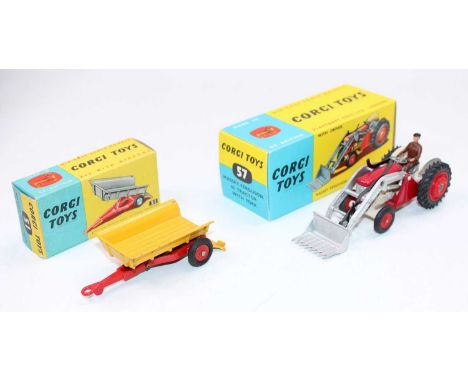 A Corgi Toys Farming vehicle and attachment boxed diecast group, two examples to include No. 57 Massey Fergusson 65 tractor w