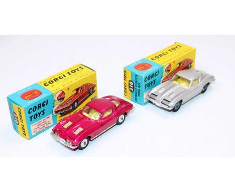 A Corgi Toys No. 310 Chevrolet Corvette Stingray boxed diecast group, two examples, one finished in silver with lemon interio