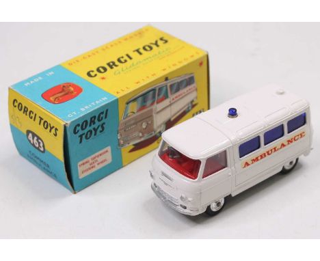 A Corgi Toys No. 463 Ambulance, comprising of white body with red interior and spun hubs, complete with blue rear glazing and