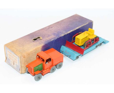 Moko Lesney Toys large scale Prime Mover with Low Loader Trailer &amp; Caterpillar Bulldozer load - orange Prime Mover with w