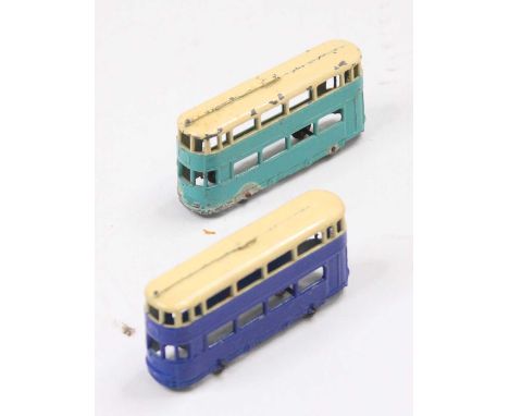 Dinky Toys pre-war No. 27 Tramcar, 2 examples to include, dark blue and cream, and blue and cream - both are bright examples 