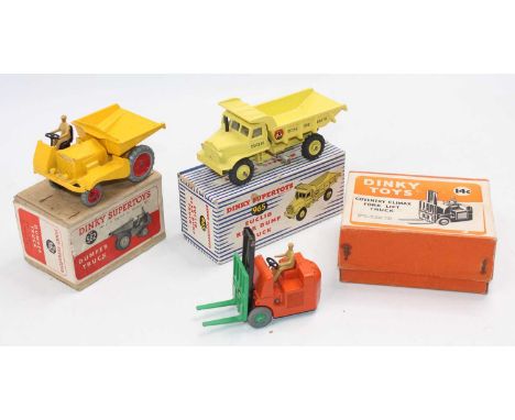3 Dinky Toys boxed commercial vehicles to include: No. 14C Coventry Climax fork lift truck in orange and green (E-BE), No. 56