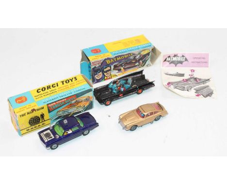 3 Corgi Toys TV / Film related models to include, No. 267 Batmobile in gloss black with bat hubs and both figures in excellen