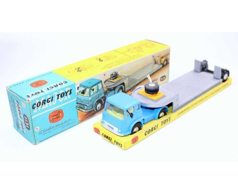 A Corgi Toys No. 1131 Carrymore detachable axle machinery carrier, comprising of blue tractor unit and chassis with silver tr