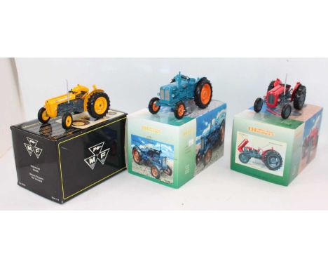 Universal Hobbies 1/16th scale boxed tractor group, 3 examples all in original packaging to include Massey Ferguson 35X Indus