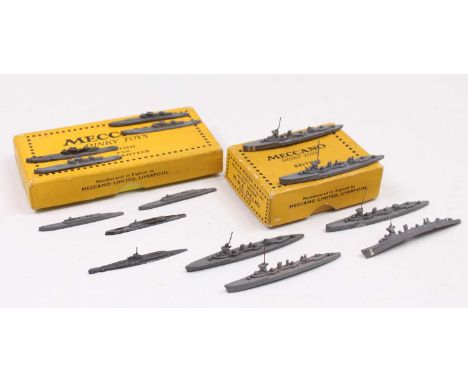 2 Dinky Toys pre-war original trade boxes of ships and submarines to include, No. 50E Battle Cruiser "HMS Delhi" containing 6