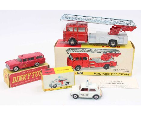 3 Dinky Toys emergency vehicles consisting: No. 956 turntable fire escape lorry ''Berliet'' cab comprising metallic red body 