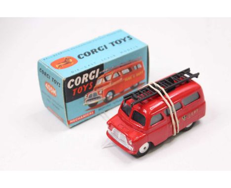 A Corgi Toys No. 405M Bedford Utilecon fire tender, comprising of red body with black roof ladder and flat spun hubs with Fir