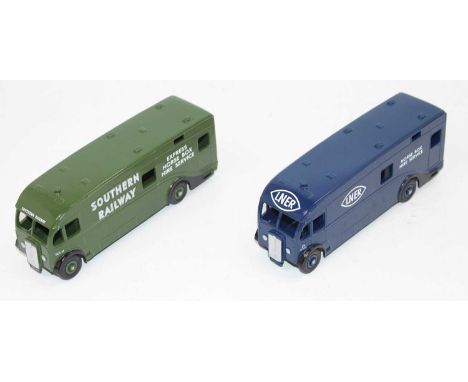 Dinky Toys Repainted Horse Box group, both decorated in railway liveries, to include Southern Railway Horse Box finished in g