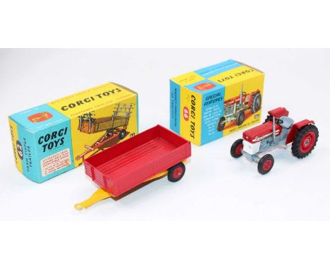 A Corgi Toys farming implement diecast group, two examples to include a No. 66 Massey Ferguson 165 tractor finished in red, w