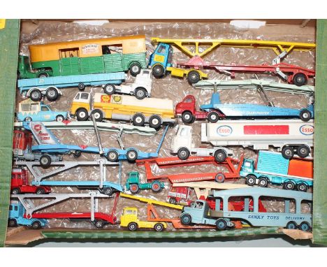 1 tray of mixed play worn Dinky Toy, Corgi Toy and Matchbox diecast, mainly commercial vehicles to include Leyland BP Shell O