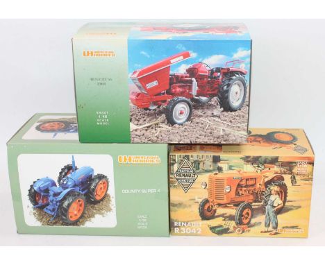 Universal Hobbies 1/16th scale boxed tractor group, 3 examples to include Renault R3042, County Super 4 and Renault 56 1968, 