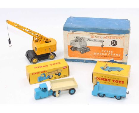 3 Dinky Toys comprising the following: No. 415 mechanical horse and open wagon, blue tractor unit, cream trailer both fitted 
