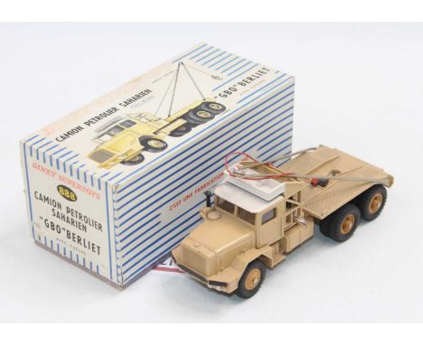 French Dinky Toys No.888 GBO Berliet Sahara recovery vehicle, comprising of light tan body with white roof and plastic tan hu