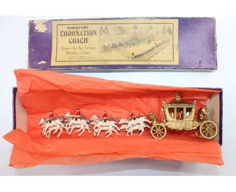 Johillco Series, Made in England, Miniature Coronation Coach, drawn by the Famous Windsor Greys, with King and Queen figure p