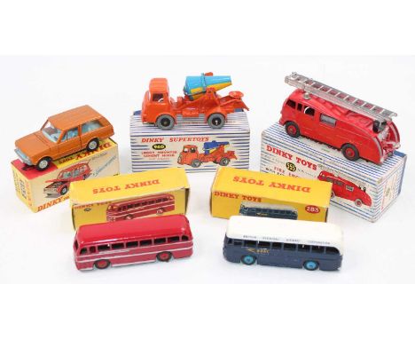 Dinky Toys mixed group of 5 models to include No. 283 B.O.A.C airport coach (VG-BF), No. 282 Duple Roadmaster Coach (VG-BP), 