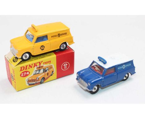 2 Dinky Toys roadside rescue Mini Vans comprising: No. 274 Morris 'AA' Mini van, yellow body and roof, blue interior, with pa