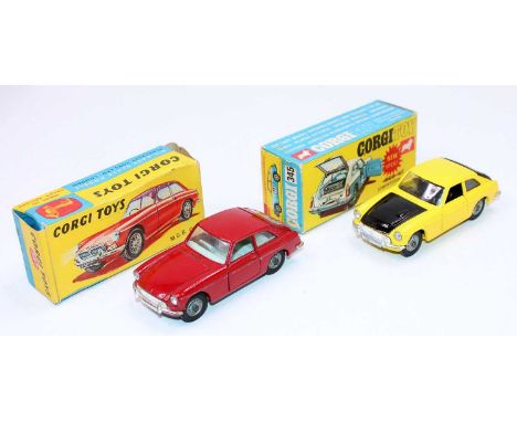 A Corgi Toys boxed diecast group, two examples, to include a No. 345 MGC GT competition model race car, comprising of black a