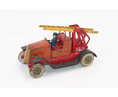Unis (France) tinplate clockwork "Auto Pompe" Fire Engine, pre-war clockwork example is finished in red, with yellow ladder, 