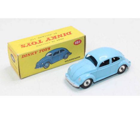 Dinky Toys No. 181 Volkswagen Saloon, light blue body with spun hubs in original card box (NM-BVG)