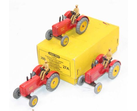 Dinky Toys No. 27A / 300 Massey Harris Tractor original trade box of 3 models consisting of red body, yellow metal hubs, ligh