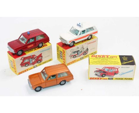 3 Dinky Toys Range Rover models to include: No. 192 in metallic copper with a blue interior (VNM-BNM), No. 195 Fire Chief's C