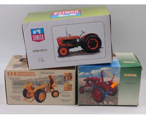 Universal Hobbies Boxed 1/16th scale tractor group, 3 examples all in original packaging to include Valmet 20, Renault D22 19