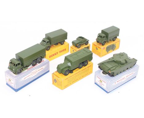 Dinky Toys boxed military group of 6 to include, No. 621 3 Ton Army Wagon, No. 622 10 Ton Army Truck, No. 623 Army Covered Wa