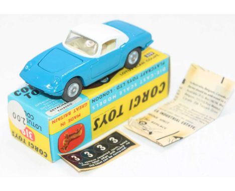 A Corgi Toys No. 319 Lotus Elan Coupe comprising of blue body with white roof and matching interior, housed in the original b