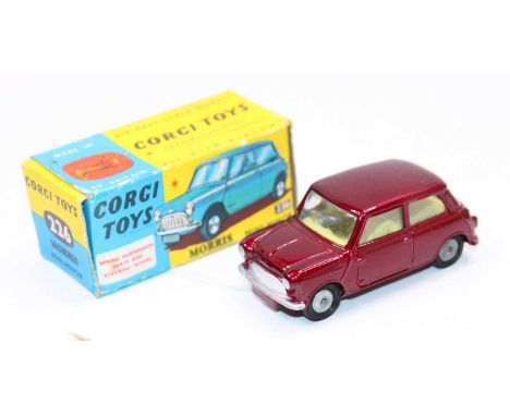 A Corgi Toys No. 226 Morris Mini Minor comprising of metallic maroon body complete with yellow interior and wirework hubs, ho