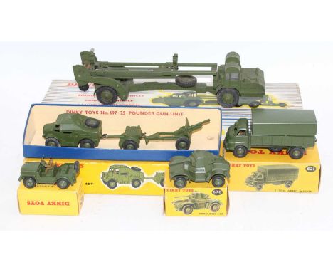 Dinky Toys boxed military group of 5 to include, No. 621 3 Ton Army Wagon, No. 666 Missile Erector Vehicle, (incomplete), No.