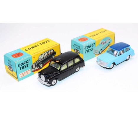 A Corgi Toys boxed diecast group, two examples to include a No. 216 Austin A40 saloon finished in two-tone blue with spun hub