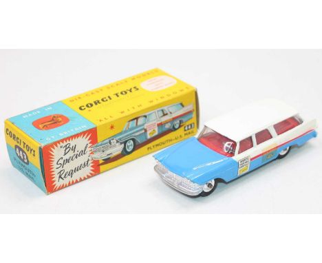 A Corgi Toys No. 433 Plymouth US Mail car, comprising blue &amp; white body with red side stripe and "Address Your Mail Caref