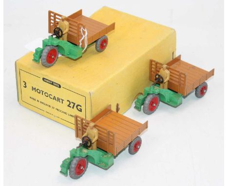 Dinky Toys No. 27G Motocart original trade box of 3 models consisting of green and dark tan with red metal wheels and light t