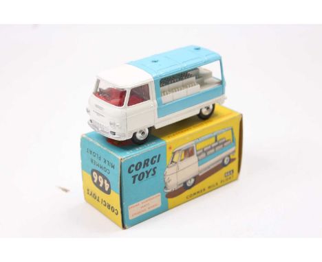 Corgi Toys No. 466 Commer milk float, white cab, chassis and load, with light blue rear with red interior, spun hubs, in the 