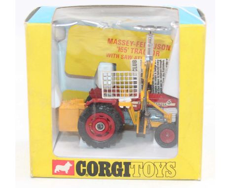 Corgi Toys No. 73 Massey Ferguson 165 tractor with saw attachment, comprising red, grey, white and yellow body with red plast