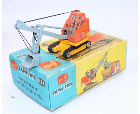 A Corgi Toys No. 1128, Priestman Cub shovel comprising of orange and yellow body with grey boom arm housed in the original po