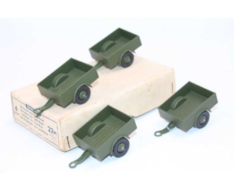 Dinky Toys No. 27M Military Land Rover Trailer original trade box containing 4 repainted examples in military green, one has 