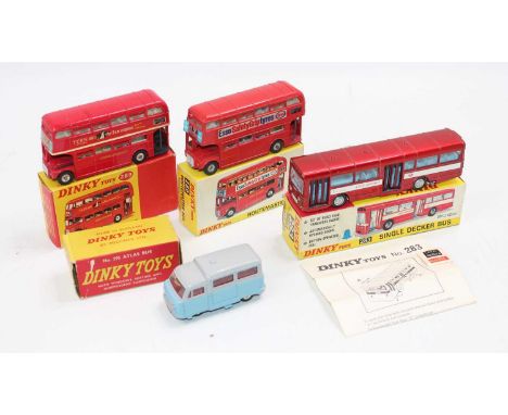 Dinky Toys bus group of four to include: 2x No.289 Routemaster bus, the first being 'Tern Shirts' with some retouching (RP-BV